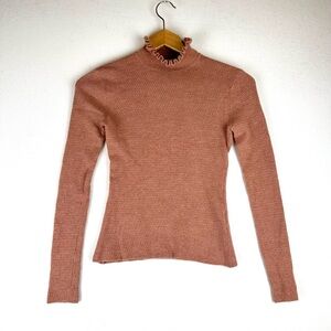 Rebecca Taylor Merino Wool Mockneck Sweater Ruffle Trim Mauve Office Classic